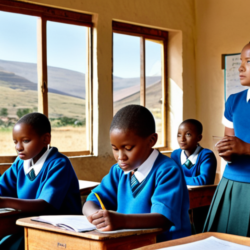 **

"A classroom scene in Lesotho, showing children in modest school uniforms attentively listening to a teacher. The classroom is simple but clean, with basic educational materials visible. The background shows the mountainous landscape of Lesotho through the window. fully clothed, appropriate attire, safe for work, family-friendly, perfect anatomy, natural proportions, professional photography, high quality, realistic."

**