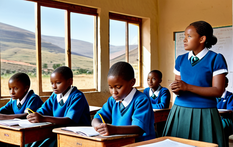 **

"A classroom scene in Lesotho, showing children in modest school uniforms attentively listening to a teacher. The classroom is simple but clean, with basic educational materials visible. The background shows the mountainous landscape of Lesotho through the window. fully clothed, appropriate attire, safe for work, family-friendly, perfect anatomy, natural proportions, professional photography, high quality, realistic."

**