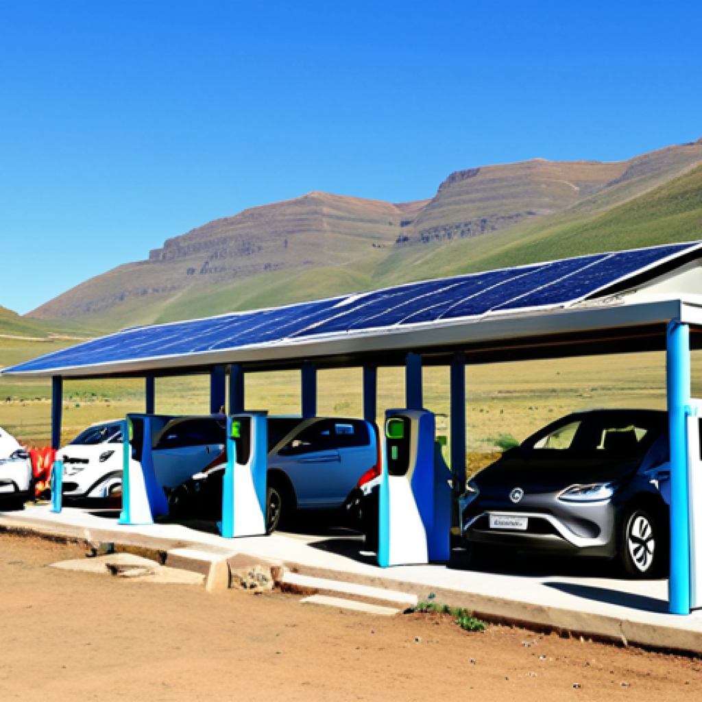 Solar-Powered Charging Station**

"A modern solar-powered electric vehicle charging station in a rural Lesotho landscape, surrounded by mountains. Several fully clothed individuals are seen charging their EVs. The scene showcases renewable energy and sustainable transportation. Bright sunny day, clear skies. Safe for work, appropriate content, fully clothed, professional, perfect anatomy, natural proportions, high quality."

**