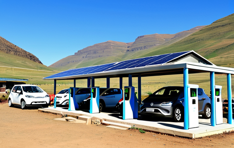 Solar-Powered Charging Station**

"A modern solar-powered electric vehicle charging station in a rural Lesotho landscape, surrounded by mountains. Several fully clothed individuals are seen charging their EVs. The scene showcases renewable energy and sustainable transportation. Bright sunny day, clear skies. Safe for work, appropriate content, fully clothed, professional, perfect anatomy, natural proportions, high quality."

**