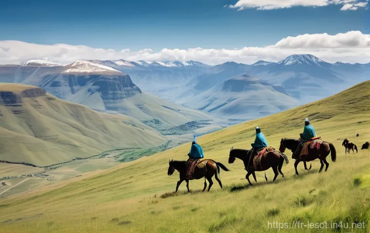 레소토에서 촬영된 유명 영화 및 다큐멘터리 - **Prompt 1: Basotho Horsemen in the "Kingdom in the Sky"**
    A wide shot capturing the majestic, s...