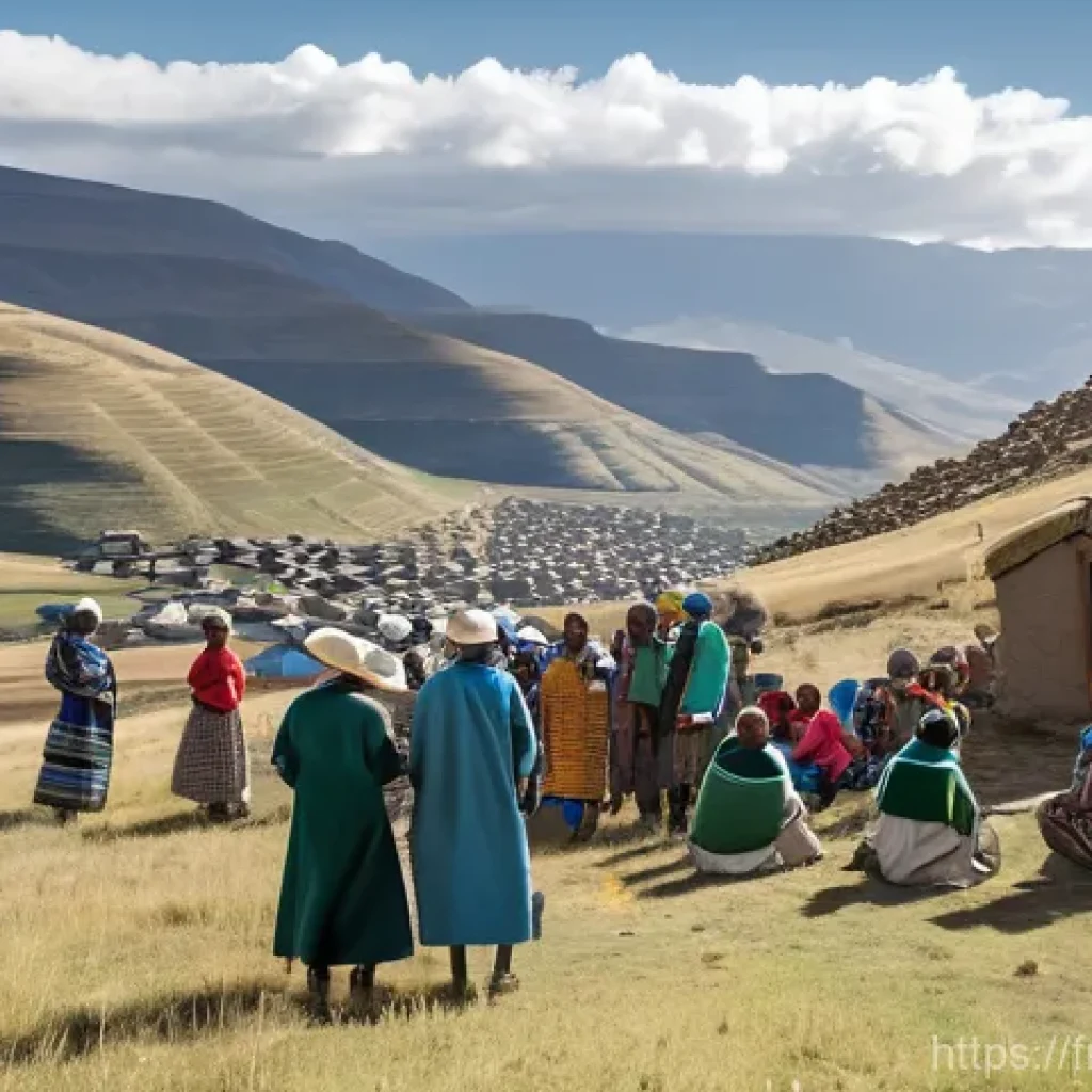 레소토에서 기후 변화 대응 정책 - **Early Warning Systems in the Mountains:** A wide-angle, vivid depiction of a rural Basotho village...
