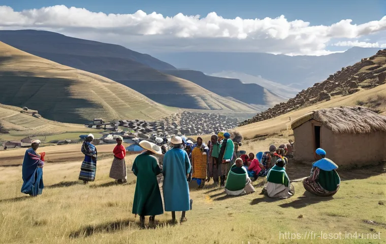 레소토에서 기후 변화 대응 정책 - **Early Warning Systems in the Mountains:** A wide-angle, vivid depiction of a rural Basotho village...