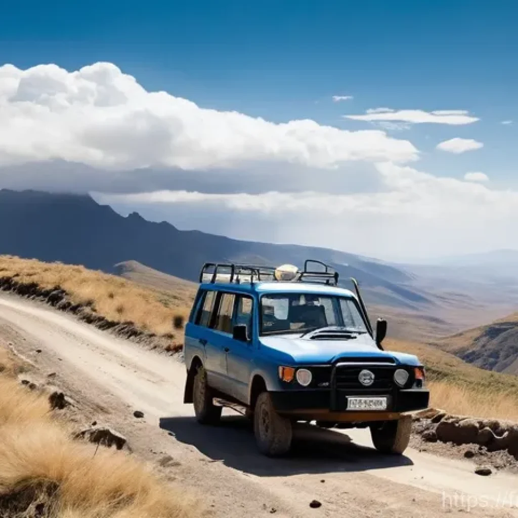레소토의 교통 안전 이슈 - **Prompt: Lesotho Mountain Ascent**
An adventurous, wide-angle shot of a capable 4x4 vehicle, su...