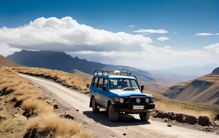 레소토의 교통 안전 이슈 - **Prompt: Lesotho Mountain Ascent**
    An adventurous, wide-angle shot of a capable 4x4 vehicle, su...
