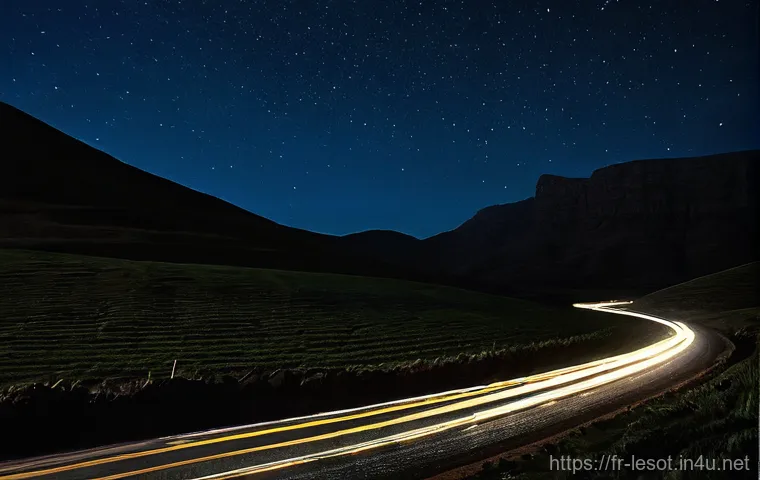 레소토의 교통 안전 이슈 - **Prompt: Rural Road Animal Crossing**
    A tranquil, yet watchful, scene on a rural Lesotho dirt r...