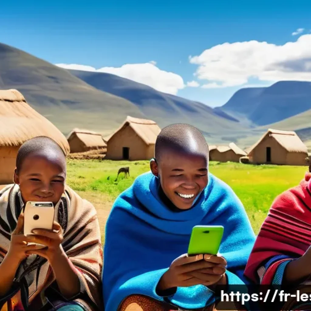 레소토에서 사용할 모바일 앱 추천 - A vibrant rural Lesotho village scene showing diverse locals using smartphones and tablets outdoors ...