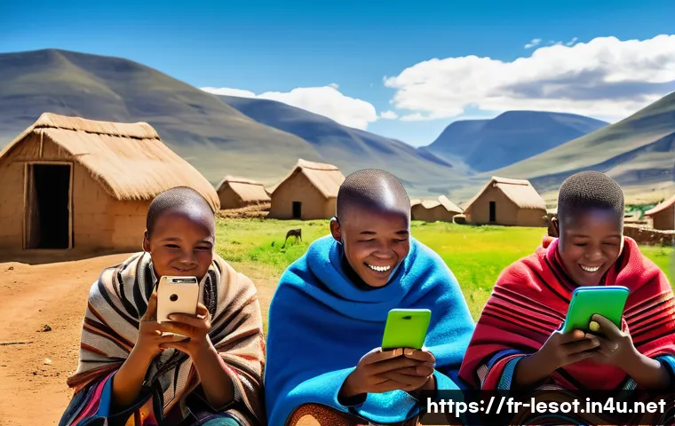레소토에서 사용할 모바일 앱 추천 - A vibrant rural Lesotho village scene showing diverse locals using smartphones and tablets outdoors ...