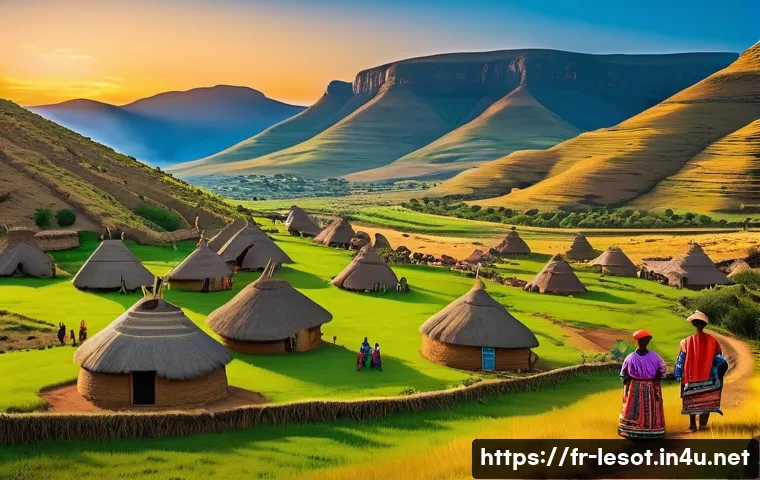 레소토의 주요 사건 - A vibrant traditional Basotho village scene set in the precolonial era under the reign of King Mosho...
