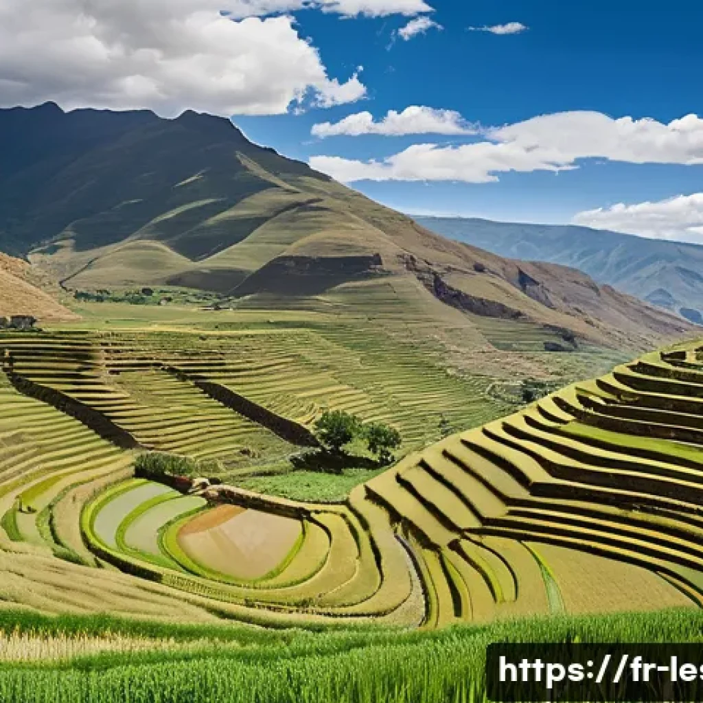 레소토에서 농업과 축산업 - A panoramic view of a traditional Lesotho highland farming scene during early summer, featuring terr...