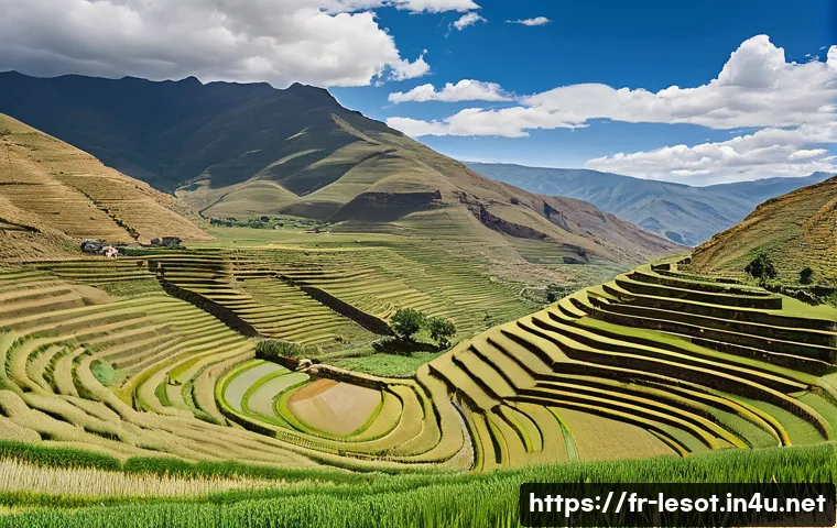 레소토에서 농업과 축산업 - A panoramic view of a traditional Lesotho highland farming scene during early summer, featuring terr...