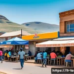 레소토의 기술 발전 및 디지털 인프라 - A vibrant urban street scene in Maseru, Lesotho, showing diverse people using smartphones and laptop...
