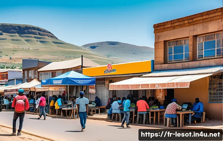 레소토의 기술 발전 및 디지털 인프라 - A vibrant urban street scene in Maseru, Lesotho, showing diverse people using smartphones and laptop...