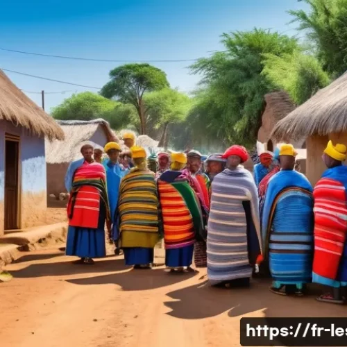 레소토 언어와 의사소통 팁 - A vibrant street scene in a Basotho village during daytime, showing a diverse group of people greeti...