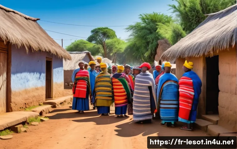 레소토 언어와 의사소통 팁 - A vibrant street scene in a Basotho village during daytime, showing a diverse group of people greeti...