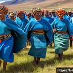 레소토 축제 및 기념일 - A vibrant scene of Basotho dancers performing the Mokhibo dance during a large outdoor festival in L...