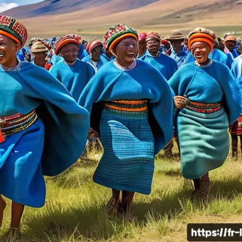 레소토 축제 및 기념일 - A vibrant scene of Basotho dancers performing the Mokhibo dance during a large outdoor festival in L...