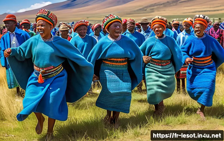레소토 축제 및 기념일 - A vibrant scene of Basotho dancers performing the Mokhibo dance during a large outdoor festival in L...