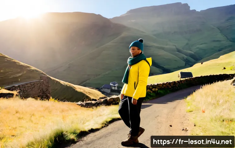 레소토의 기후에 맞는 옷차림 - Photorealistic travel lifestyle scene in Lesotho’s cool highland climate, a French-speaking adult tr...