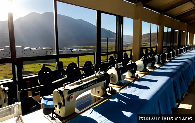 레소토의 경제 성장률 및 전망 - Photorealistic wide-angle view of Lesotho’s economic development, a modern textile factory workforce...